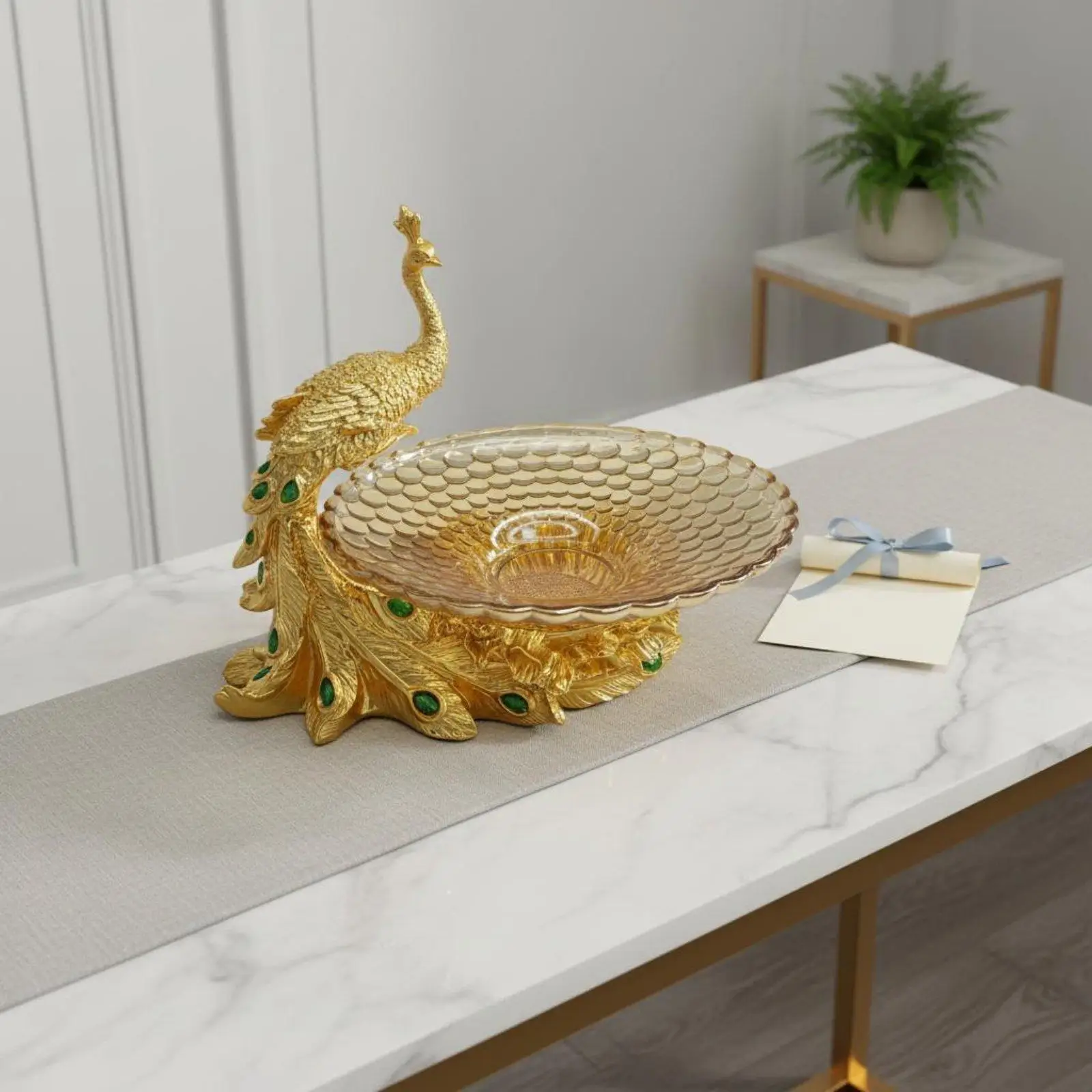Handcrafted Peacock Serving Bowl Resin Gold Jewelry Tray Decorative Dish for Candy Nuts Fruits Living Room Kitchen Decor