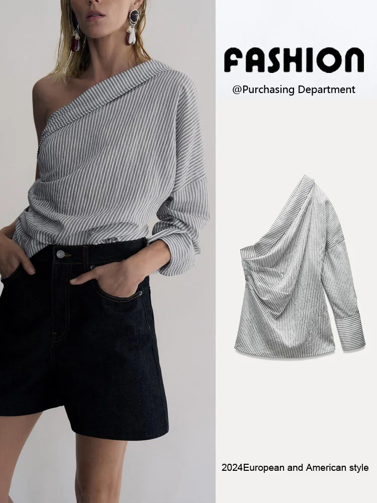 

Sexy Asymmetrical oulder Striped irt Women's Autumn New Arrival Top Commute Sle Regular Length Other 00% Material