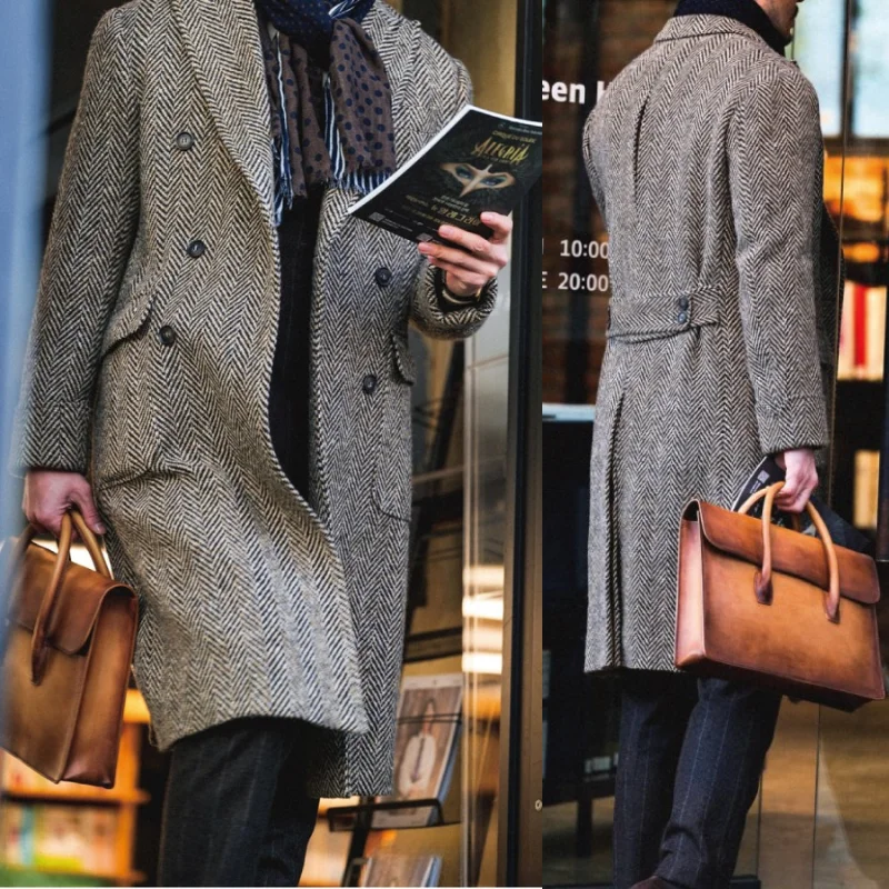 

British Men's Autumn and Winter Wool Blend Herringbone Double Breasted Polo Coat Retro Handmade Long Jacket