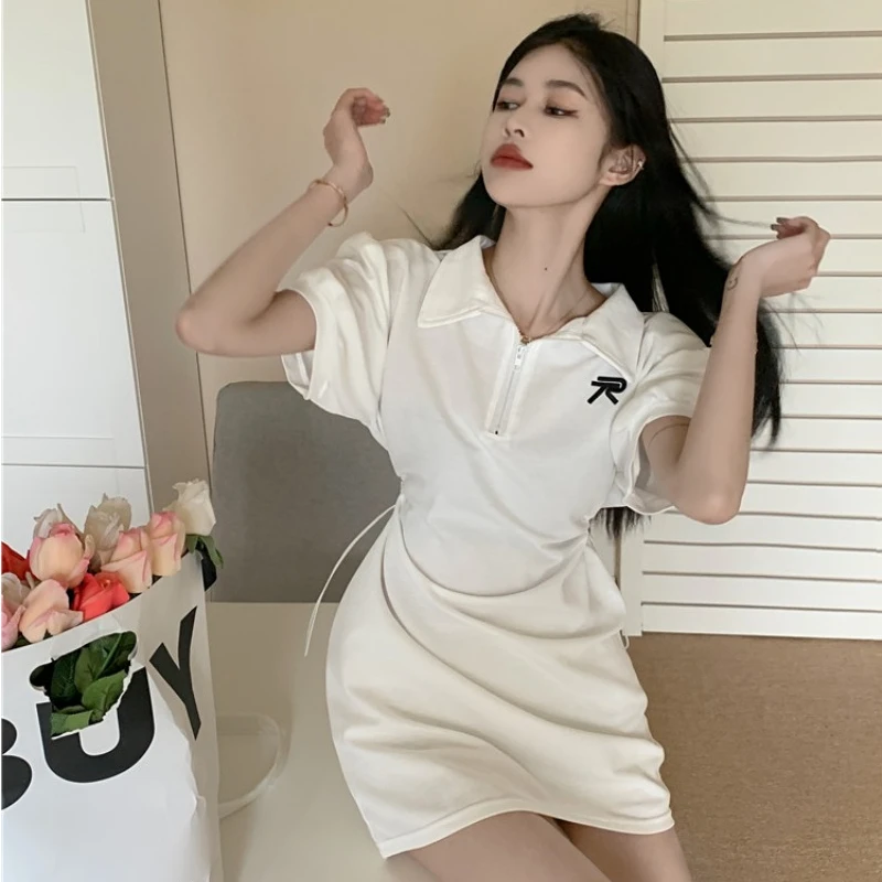 

2024 New Summer Dresses Women Niche Embroidery Letter Polo-Neck High-Waisted Short-sleeved Drawstring Waistless Dress Female