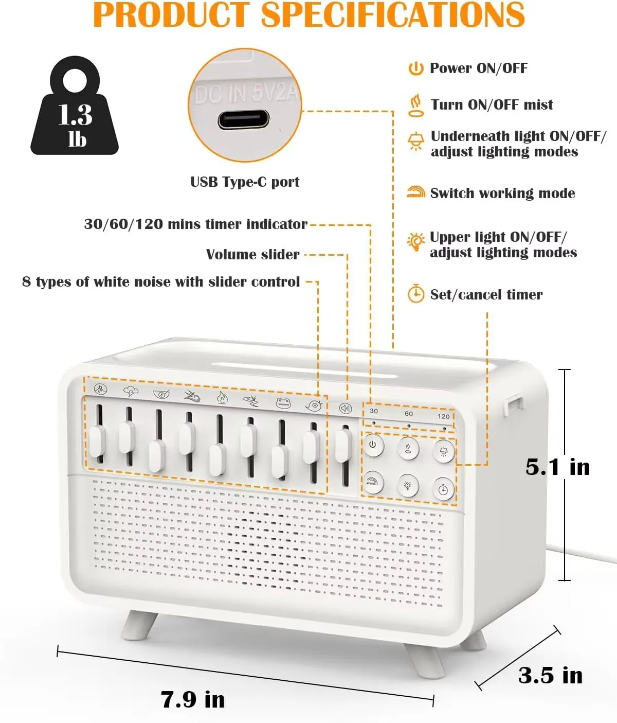 LED White Noise Speaker with 8 Nature Sound Portable BT Speaker Auto-Off Aroma Diffuser Sleep Aid Night Light Humidifier Machine image 5