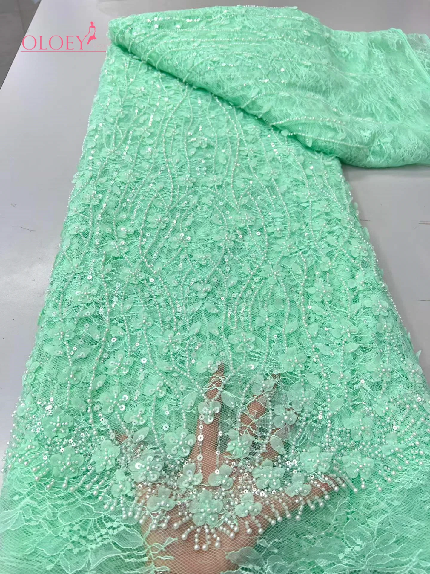 

OLOEYElegant African Nigerian Fashion Beaded Lace High-end Luxury French Sequins Mesh Lace Fabric Women's Evening Dress Party 5Y