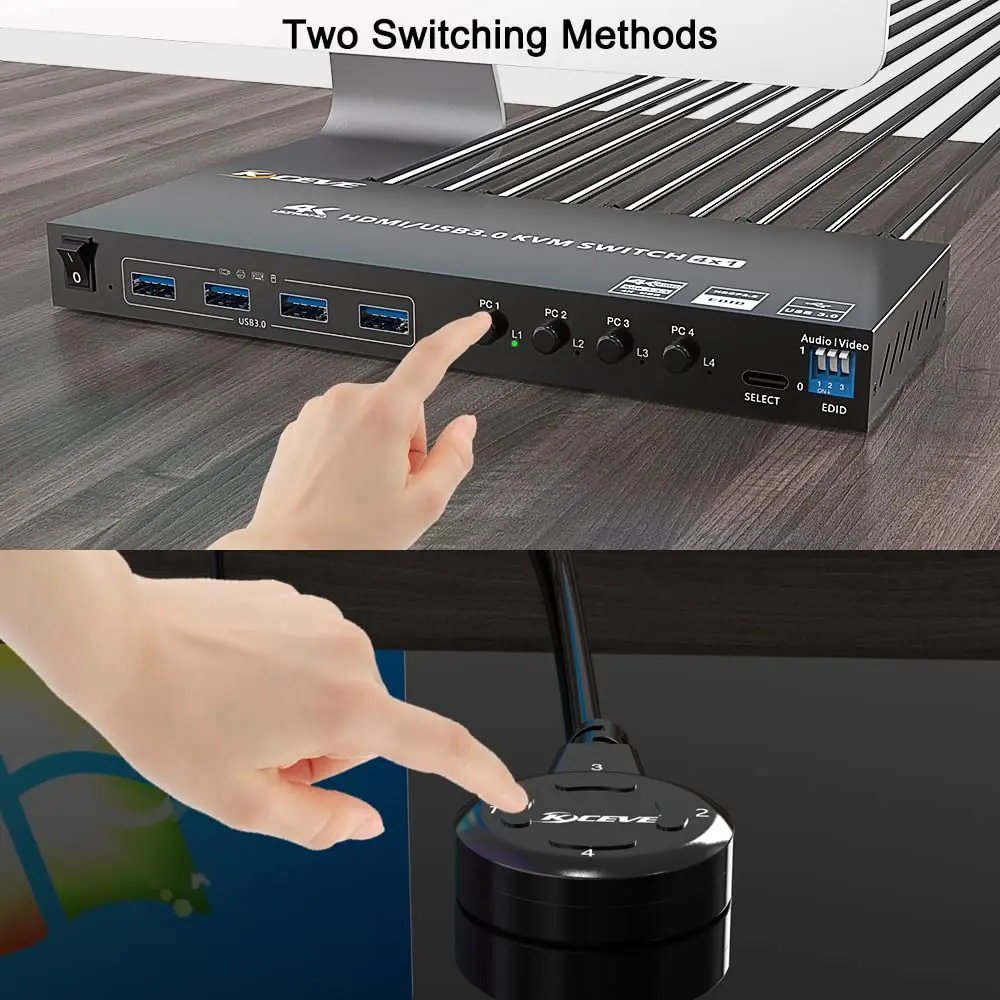 Interruptor USB 3,0 KVM, 4 puertos, compatible con 4K60, 4:4:4, HDMI, 4 en 1 salida y 4 puertos USB 3,0 para impresora de teclado y ratón