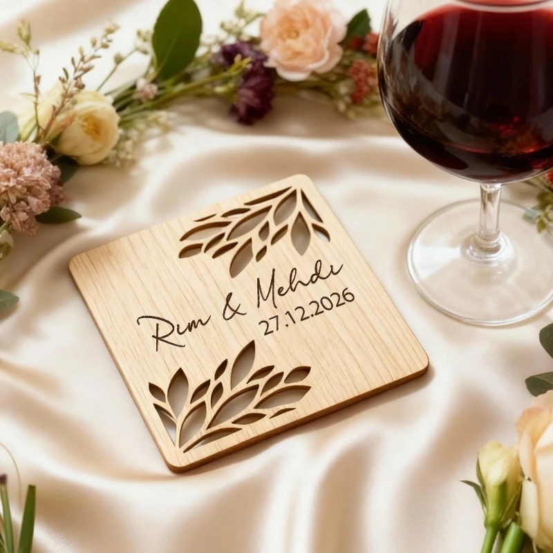 10PCS Personalized Wedding Coasters Wooden Glass Coaster, Custom Coasters for Wedding Gifts for Guests, Engraved Wood Favors