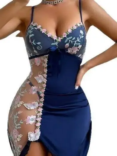 新しいセクシーなホームストラップナイトドレス花刺繍レースシアートリムストラップナイトドレスセクシーな背中の開いたディープVノースリーブドレスYHD2