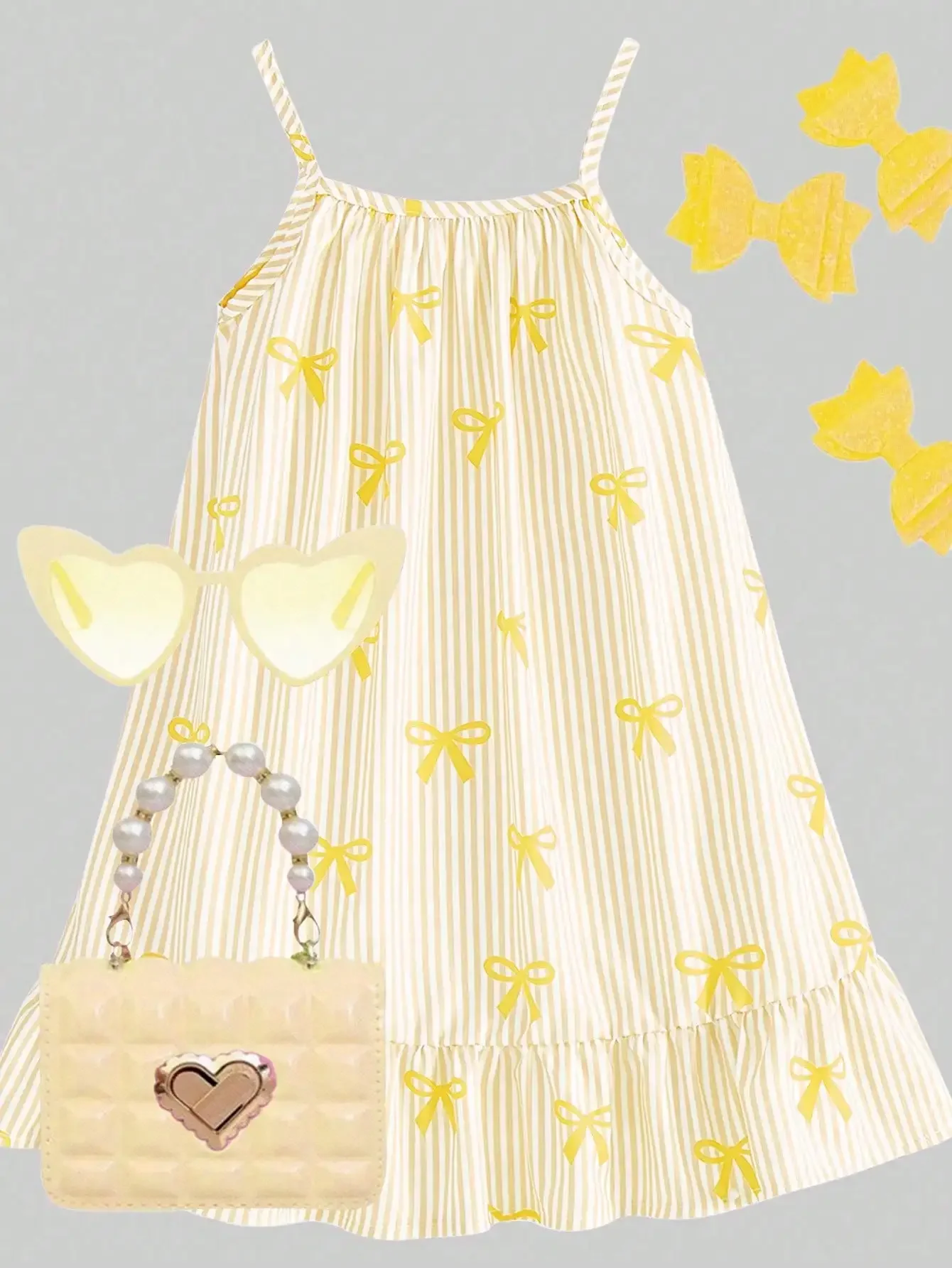 

Young Girl' Woven Fabric Bow Striped Digital Print Hem Patchwork Ruffle Hem Camisole Dress, Suitable For Summer Daily Wear, Outings, Travel, Vacation, Parties Spring Dresses For Girls Young Girl Dresses Striped Dress Bow Print Dress For Girls Girls
