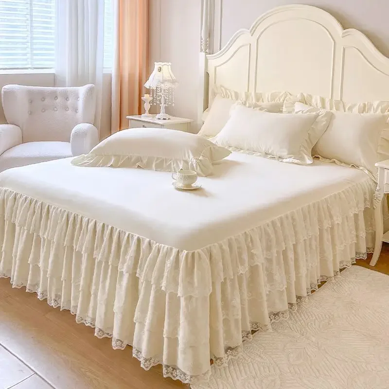 Korean Style Romantic Lace Ruffled Bed Skirt Solid Color Princess Bed Ruffle Dust Cover Single Piece Decor for Bedroom