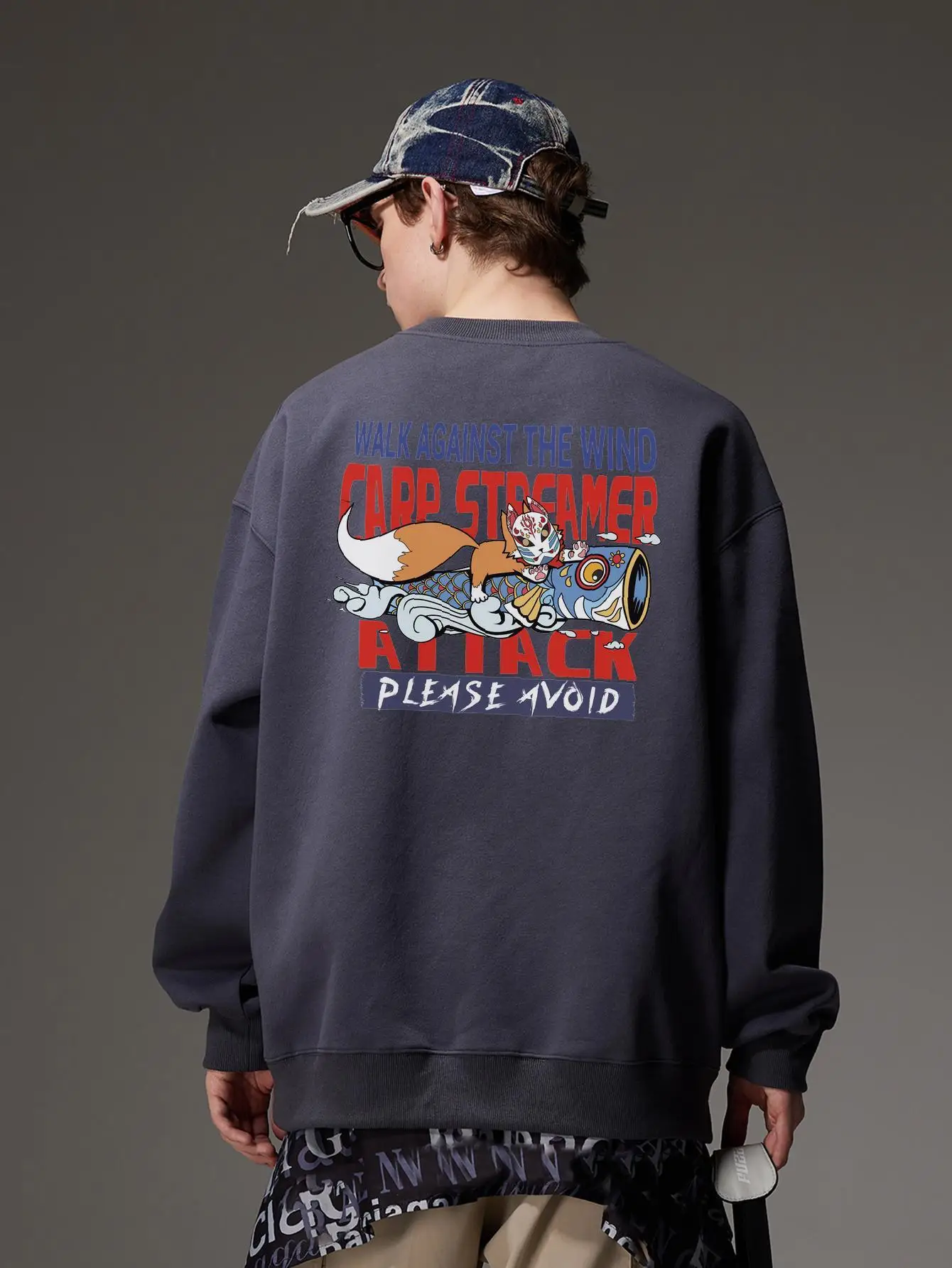 Japanese Fox Print Mens Crew Neck Pullover Oversize Casual Sweatshirts Long Sleeve Autumn Winter Male Casual Hoodies Harajuku