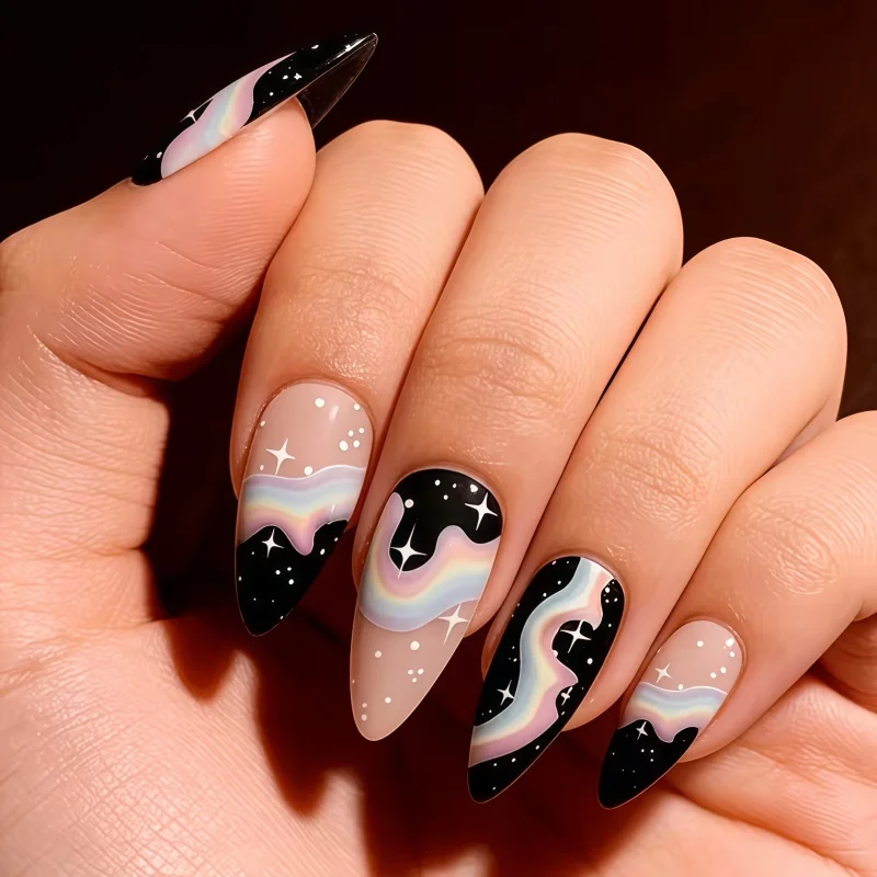 24 pieces of nail art - dreamy starry night galaxy colored sweet and cute long almond-shaped wearing nail stickers