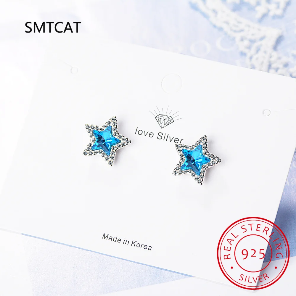 Star Genuine Sky Blue Topaz Created Spinel 925 Sterling Silver Stud Earrings for Women Gemstone Jewelry Brincos de Prata