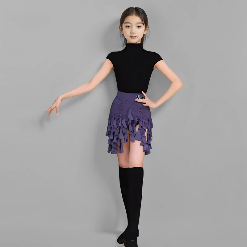 Girls Latin Dance Dress Long Sleeve High Neck Top Ruffled Skirts Practice Clothes Rumba Tango Latin Performance Costumes DN19897