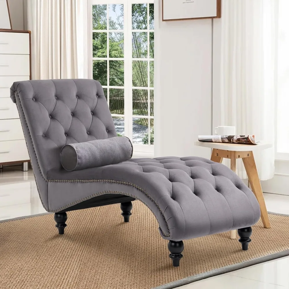 Tufted Chaise Lounge Chair Indoor, Velvet Chaise Lounges with Solid Wood Legs & Support Pillow, Upholstered Couch for Bedroom Li