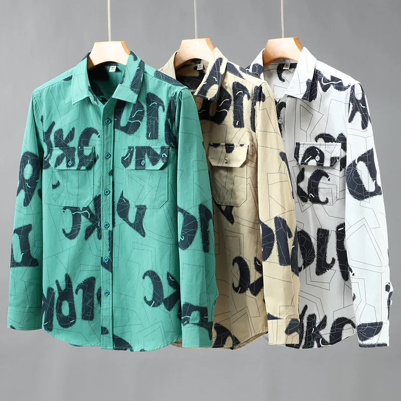 Camisa de manga larga para hombres, camisas de algodón puro, camisa verde con estampado de letras, chaqueta para adolescentes, estudiantes, Tops de solapa, primavera y otoño