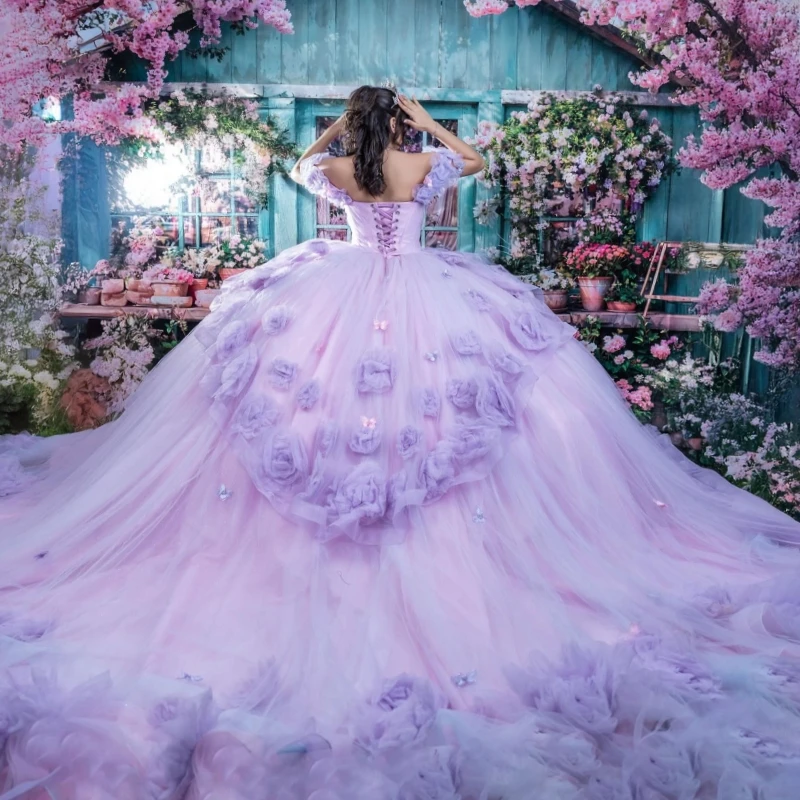 Licht Lila Prinses Sweet 16-jurk Jurk Quinceanera Jurken Bloem Strik Kralen Tull Feest Verjaardag Vestidos 15 De Anos