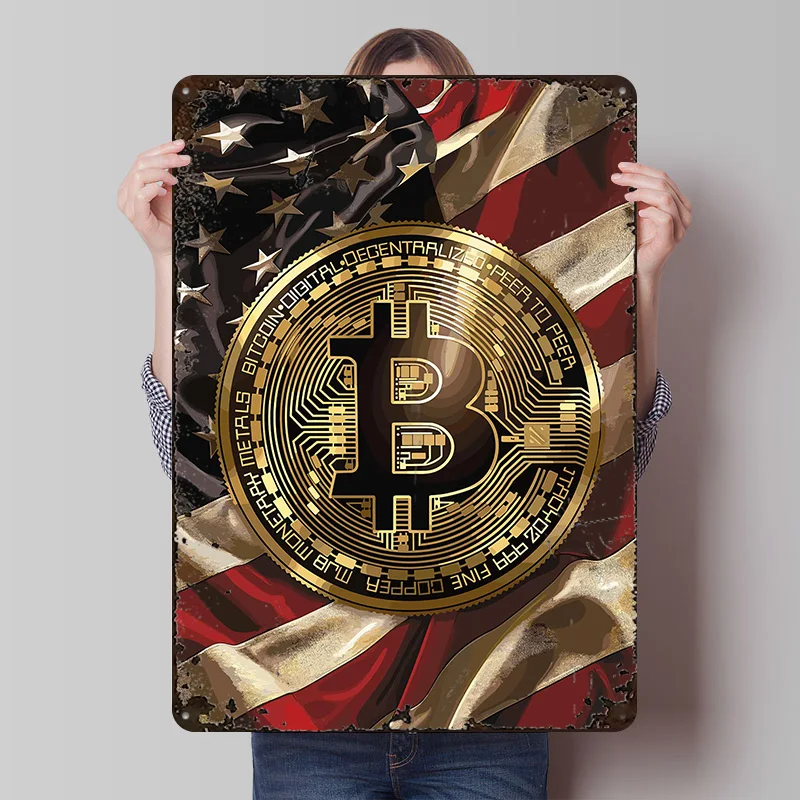 Bitcoin on American Flag Poster Customized Vintage Metal Signs Wall Art Retro Tin Plaque for Decoration At Home Decor Items Room