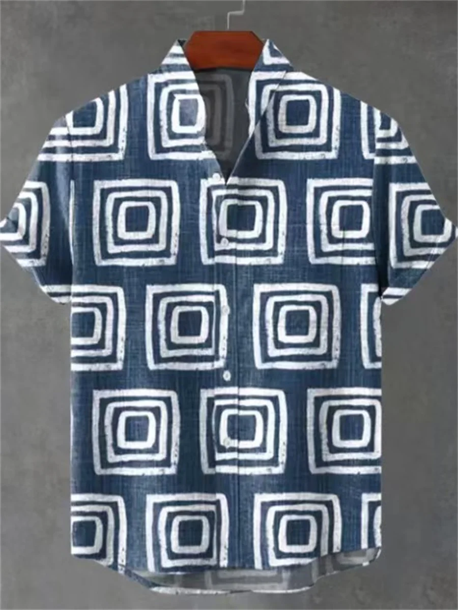 

Men's new casual 3D printed square graphic vintage art linen short-sleeve stand-collar shirt comfortable button top