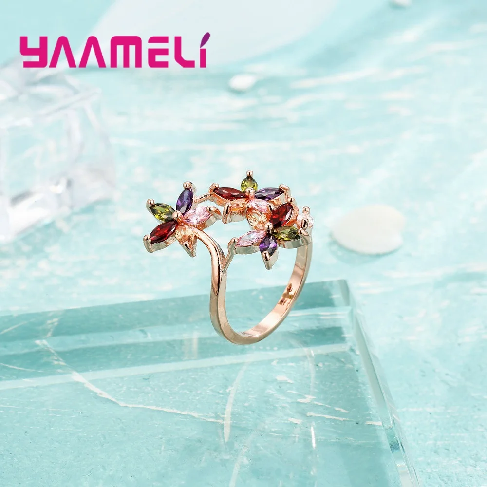 New Arrival 3 Colorful Cubic Zirconia Stone Flowers Finger Rings For Women Ladies Rose   Gold Color Jewelry Crystal Gift