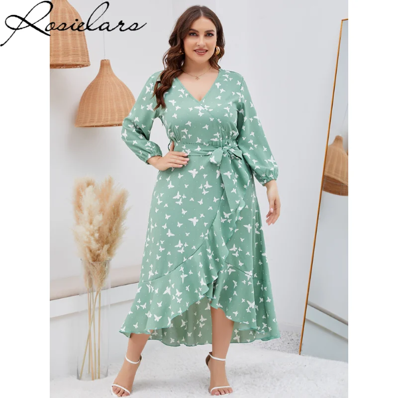 4XL 5XL Elegant Printed Lantern Plus Size Dress Women Dresses Sexy Boho Beach Casual Slim Party Ruffle Midi Dress Lady Vestidos