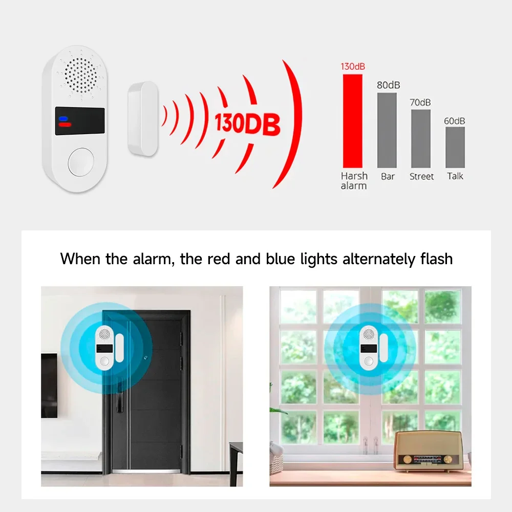 Sensor jendela pintu rumah nirkabel, sistem Alarm keamanan pencuri Sensor pintu magnetik membuka independen Alarm keamanan 130db