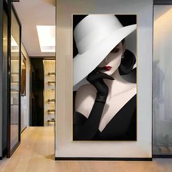 Modern Fashion Woman with Hat Posters Red Lips Home Decoration Canvas Prints Wall Picture for Living Room Entrance Painting