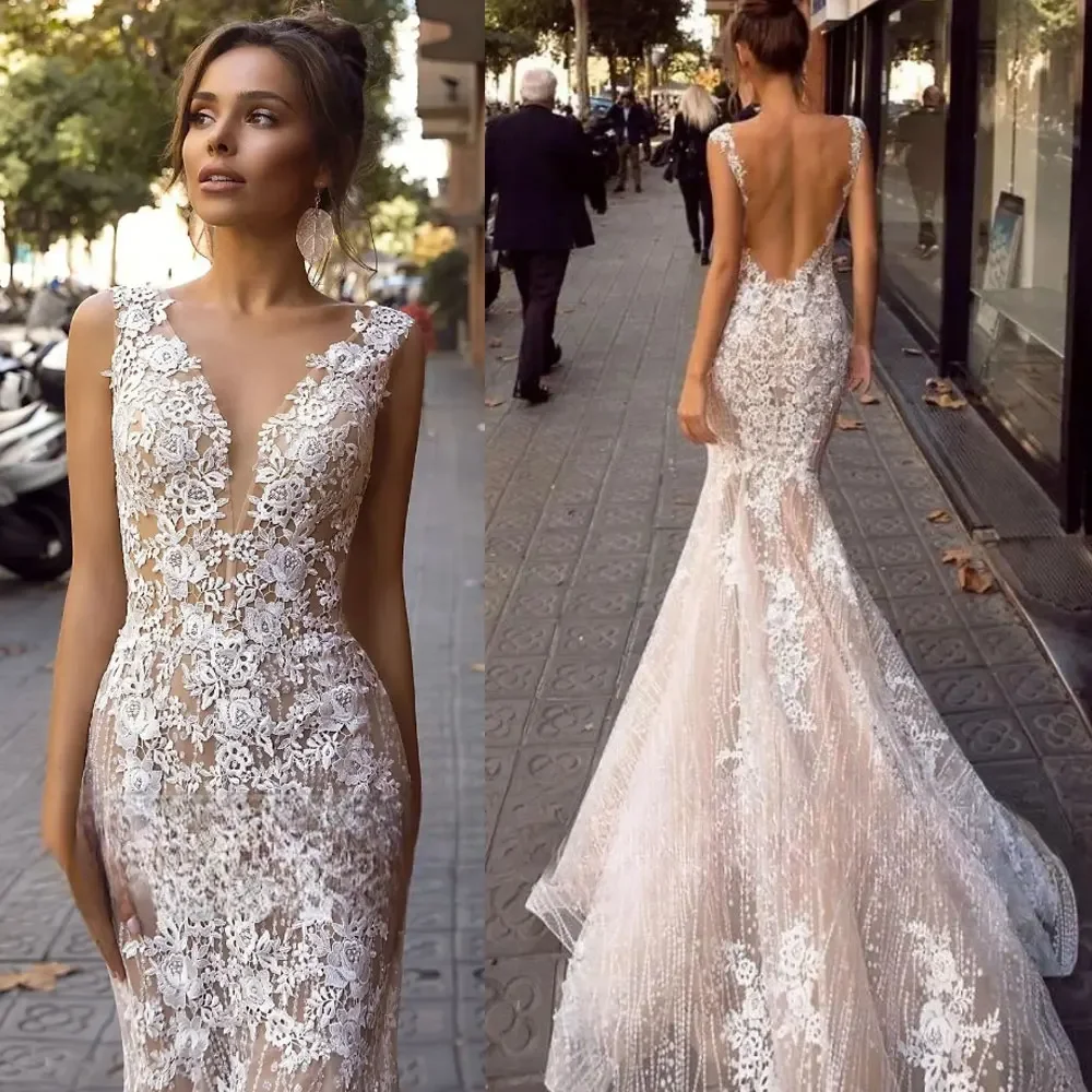 

Backless Lace See Through Boho Mermaid Wedding Dresses With Train Custom Sleeveless V-neck Bride Marriage Dress Beach Robe