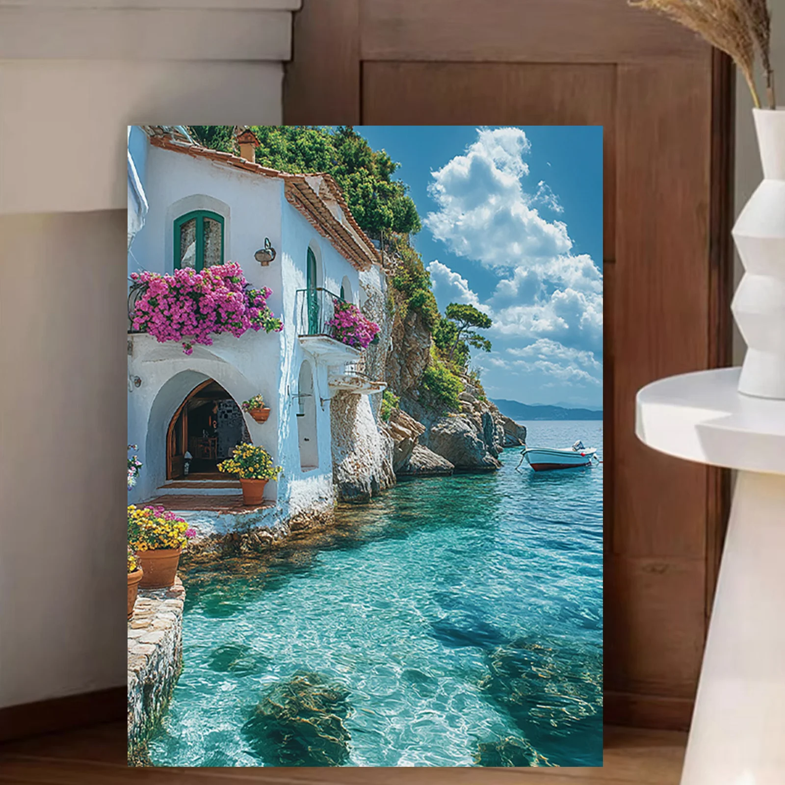Frameless Canvas Wall Art Print - Coastal Landscape, Turquoise Sea, White Buildings, And Vibrant Red Flowers - Suitable for Livi