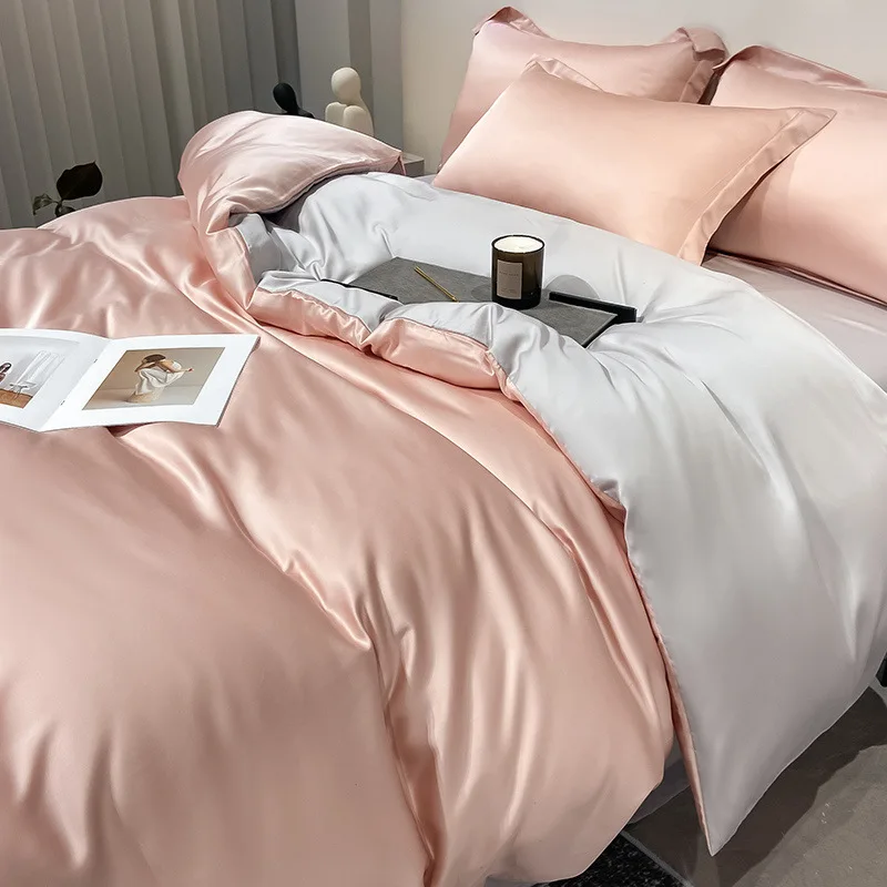 

Light luxury and high-end 100S Lanjing Tencel four piece set, solid color double splicing ice silk bed sheet and duvet cover, ca