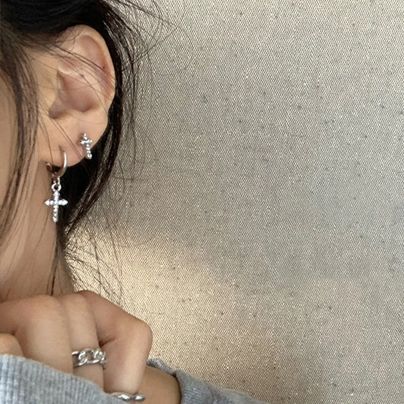 Asymmetric Big Small Crosses Star Earrings for Women Fashion Silver Color Crystal Drop Earrings Metal Loop Stud Ear Jewelry