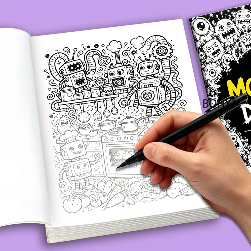 1 Adult Decompression Graffiti Copying and Coloring Book, 24 Pages of Theme Patterns Like Monster Camping and Mechanical Robots