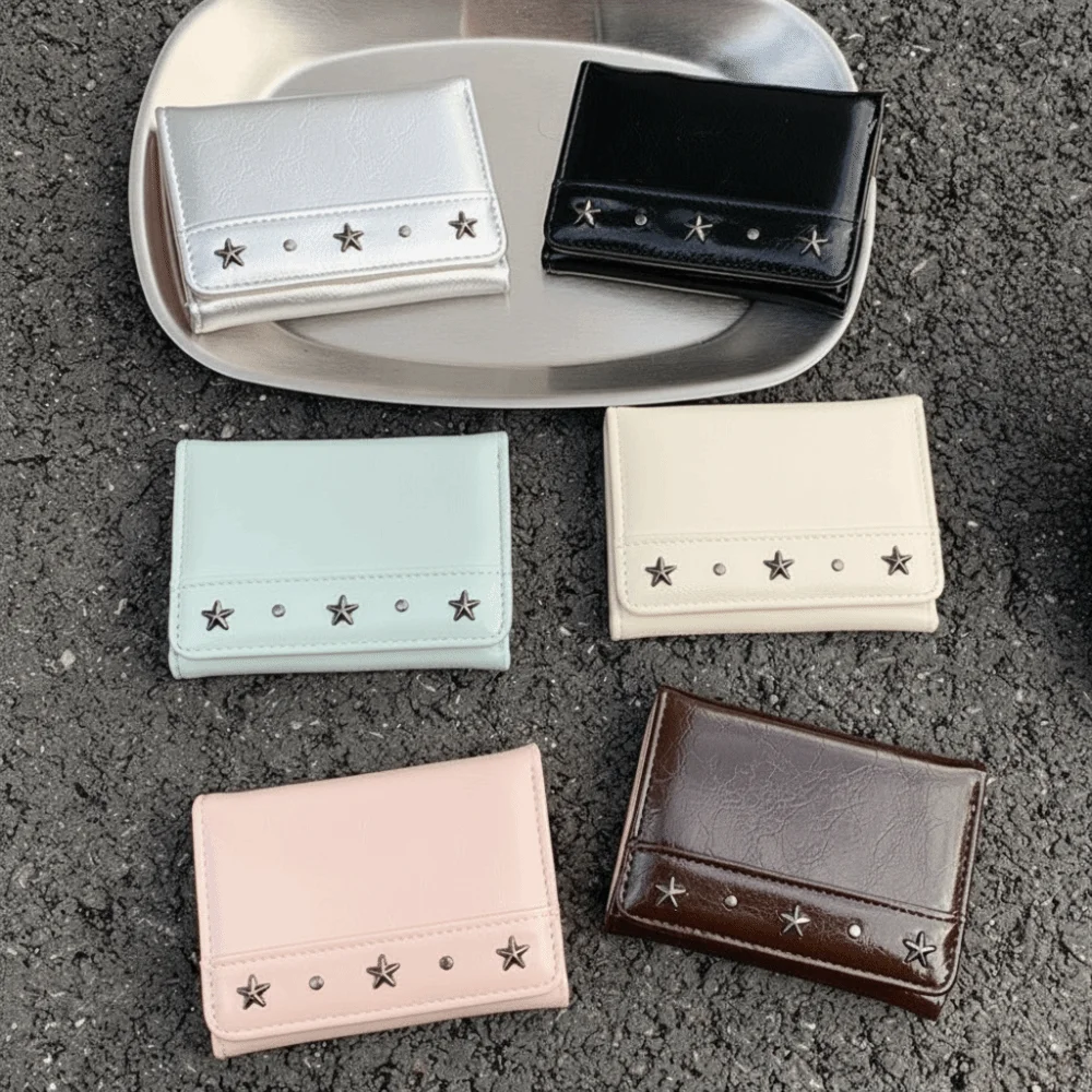 Portable Vintage Style Trifold Wallet PU Leather Compact Size Star Rivet Wallet Ultra Thin Large Capacity Cash Wallet Men
