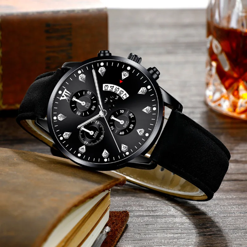 Relojes de negocios de lujo para hombre, reloj de pulsera de cuarzo y cuero, deportivo, informal, con calendario y fecha, color negro