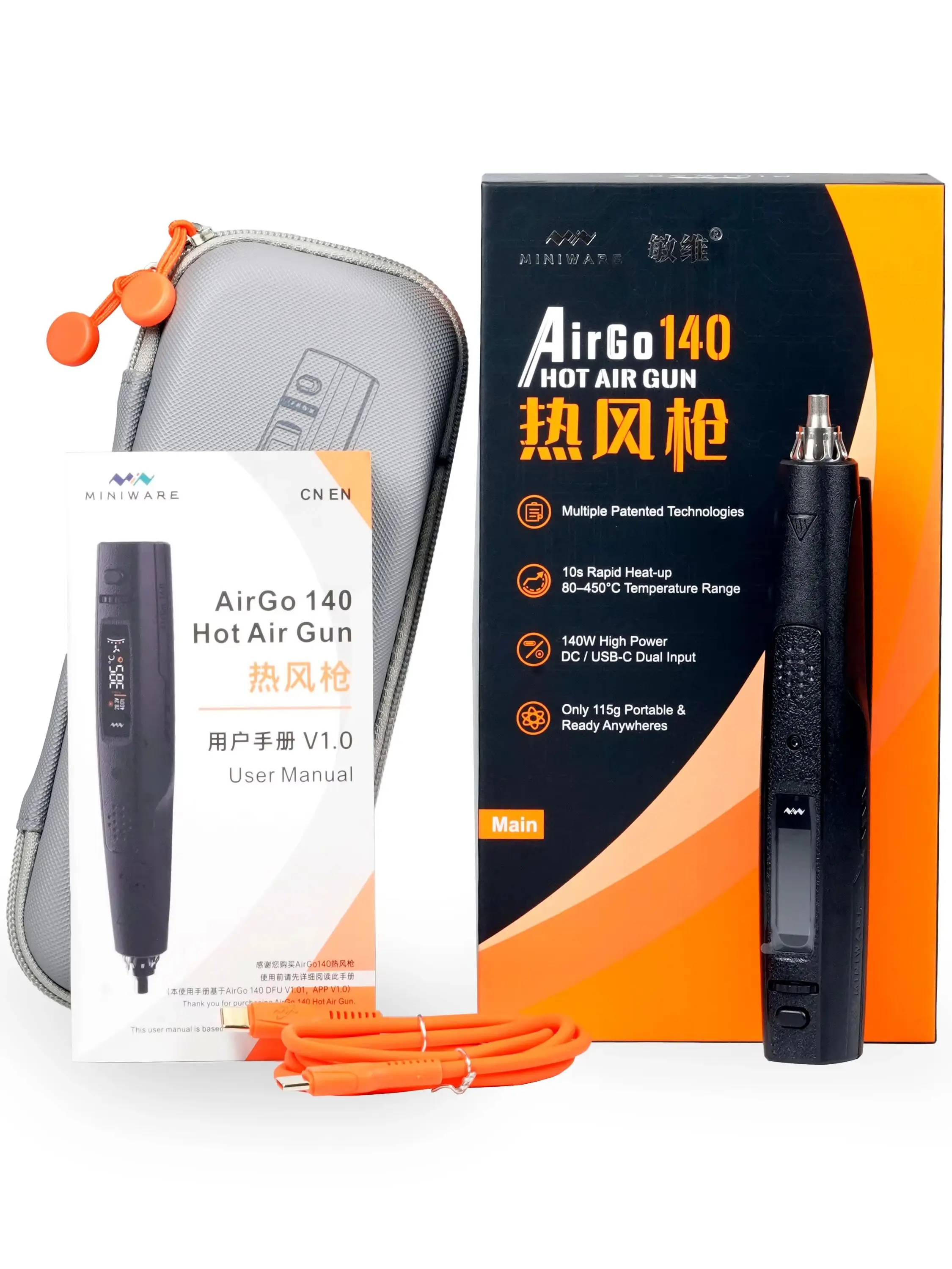 Miniware AirGo 140 Tragbare Intelligente Heißluftpistole Entlötpistole Maximale Leistung 140W 80-450 ° C & Spezialkomponente zur Auswahl
