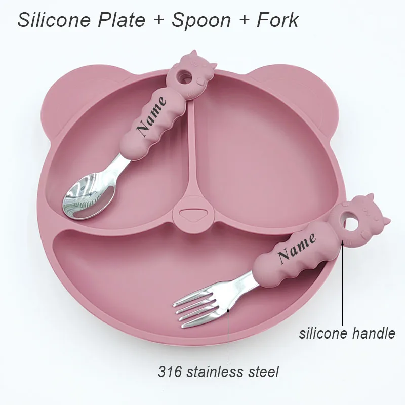 8Pcs Baby Feeding Set Personalized Name Silicone Tableware For Kids Bear Plate Bowl Spoon Fork Customized Children's Tableware