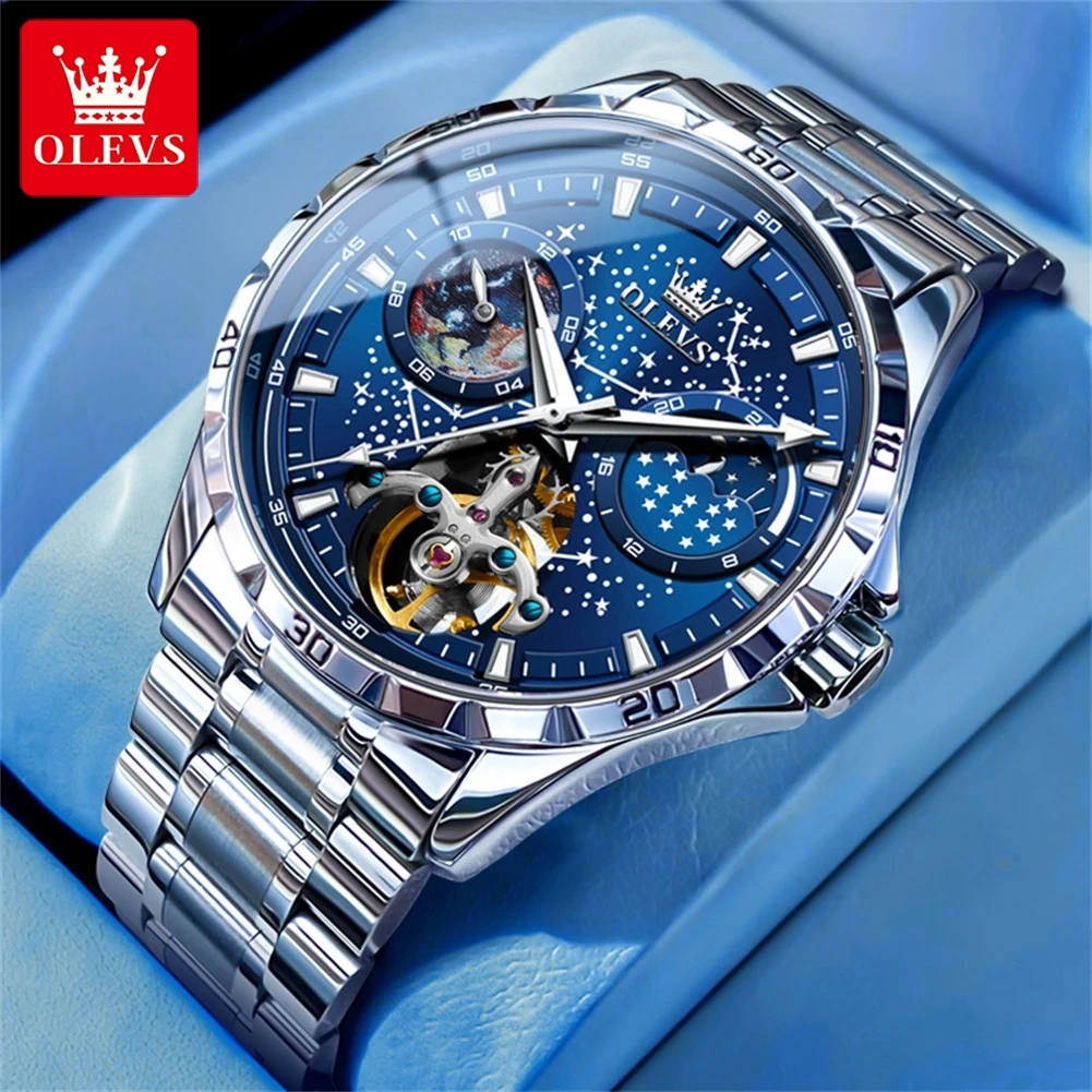 OLEVS 6689 Fashion Mechanical Watch Gift Stainless Steel Watchband Round-dial Moon Phase