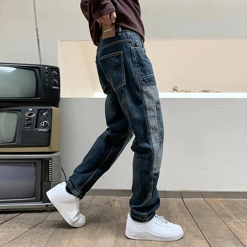 Estilo americano nova moda masculina high street casual na moda solta emendada multi bolso calças jeans masculinas roupas