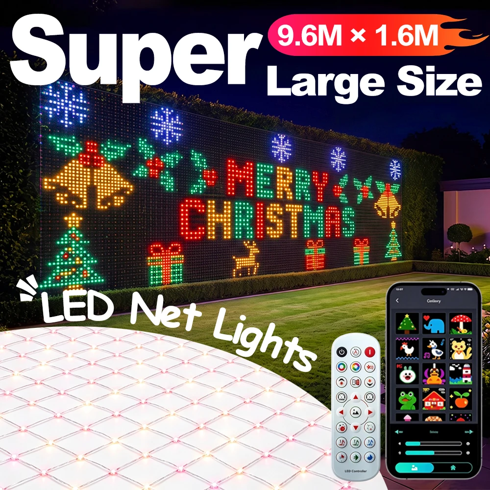 New 1536LEDs RGBIC Outdoor Net Lights String Flexible Matrix Grid Lights for Christmas Party Patio Backyard Garden Decor