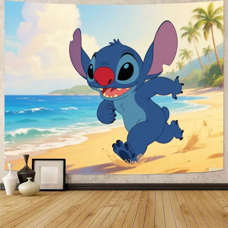 

1PC Stitch Tropical Beach Cartoon Tapestry Colorful Polyester Wall Art Living Room Bedroom Decor Gift for Disney Fans