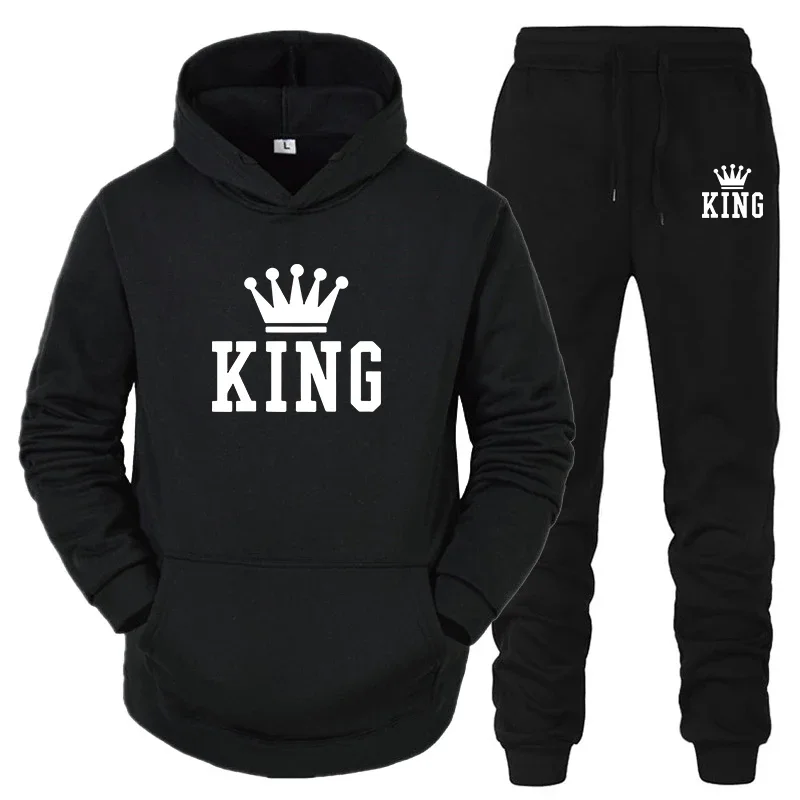 King Queen Mens Tracksuit Fashion Casual Hooded Sweatshirt+Pants Sets HighQuality Daily Jogging Fitness Sports Couple Suit S-4XL