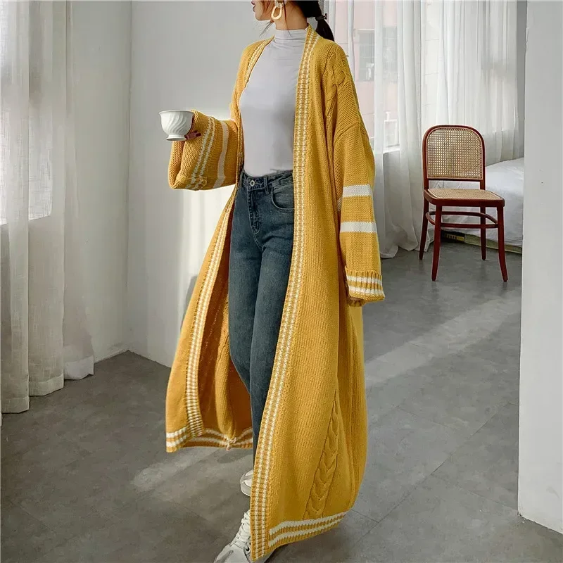 Women Fashion Loose Casual Oversized Long Cardigan Winter Black Stripped Knitted Sweater Lazy Style Long Sleeve Chic Knit Coat