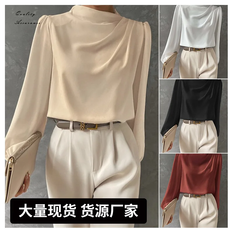 

Solid Color Pleated Women'sTT-shirt Elegant Pullover Satin Top New European and American Style Long Sleeve Top