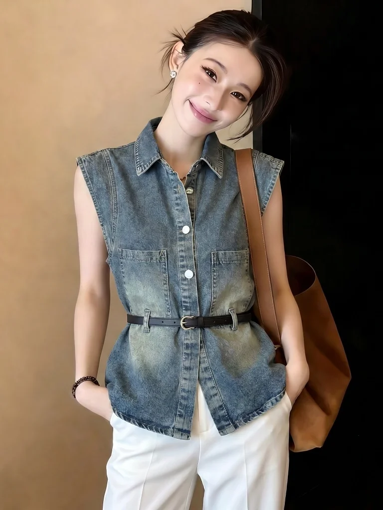 

Slim Fit Retro Thin Denim Shirt Women's Summer New plus Size Big Code Flying Sleeve Hong Kong Style Waist Shaping Slim Top
