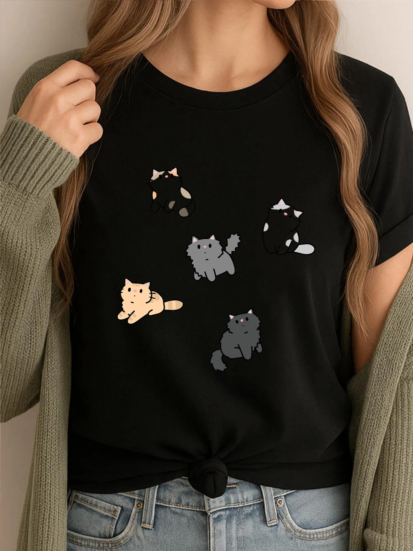 

Белая футболка с рисунком котят и рыб, роскошная брендовая одежда высокого качества с иллюстрациями и принтом, мягкие топы