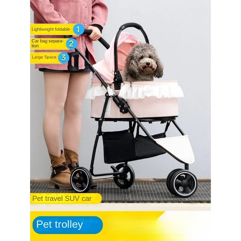 Charming Pet Stroller for Dogs and Cats, Detachable and Lightweight with Lace Border, Great for Outdoor Adventures