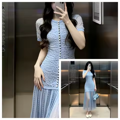 Asian Size Mist Blue Luxury Evening Dress Lace Beaded Long Knitted Dress High-end Women's Clothing 2026 Spring New Style
