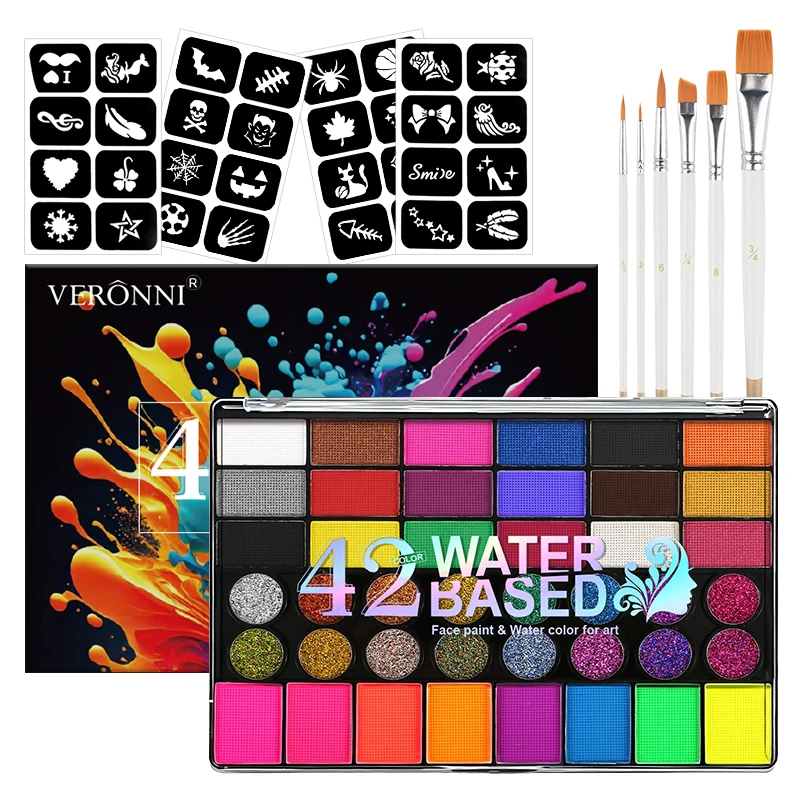 مجموعة طلاء الوجه للجسم للأطفال والكبار، لوحة مكياج للوجه مكونة من 42 لونًا مع فرشاة، ظلال عيون كرنفال الهالوين وحفلات فنية