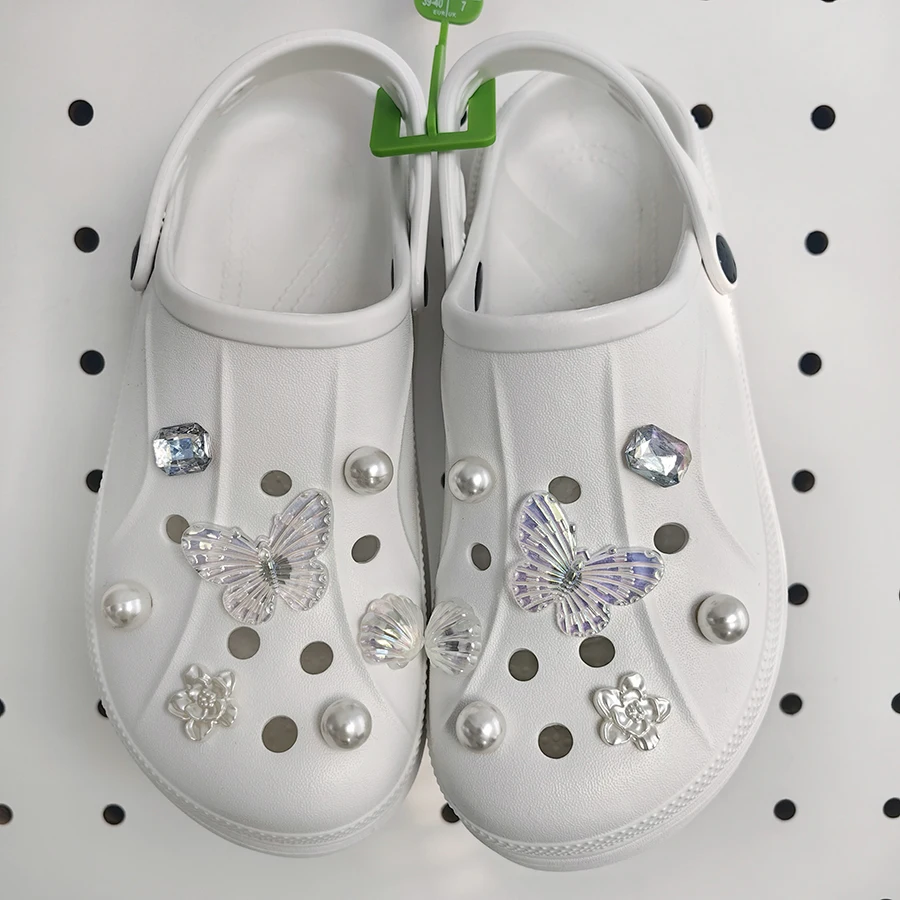 1 set 14pcs Transparent White Pearl Diamond Flower Shoes Decoration Charms Suitable For CROCS Clogs