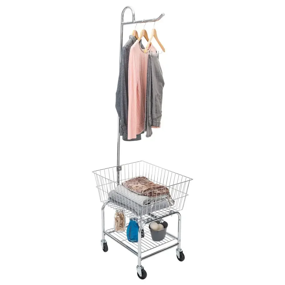 Steel Laundry Valet With Hanging Bar Foldable Basket and Storage Shelf Durable Rolling Laundry Center with Casters Ideal Laundry