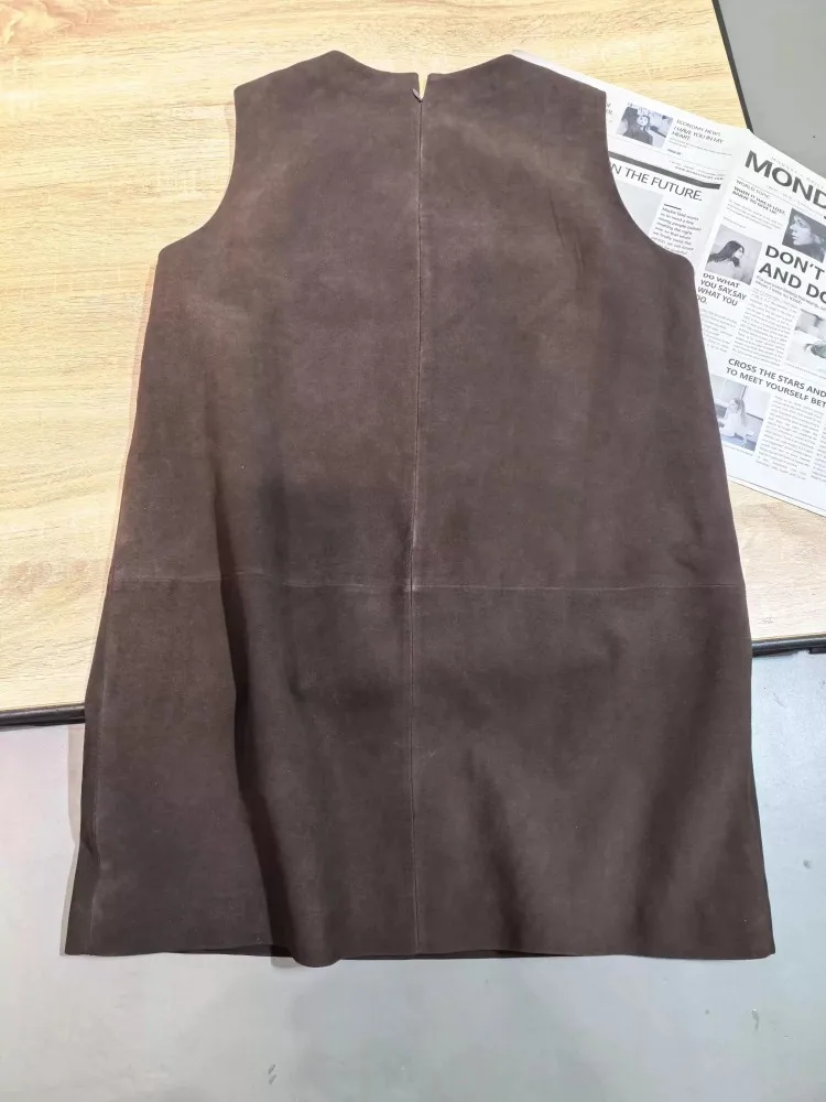 Vrouwen lederen jurk casual mouwloze O-hals suède schapenvacht korte jurken losse pasvorm mode dames trui tankjurk