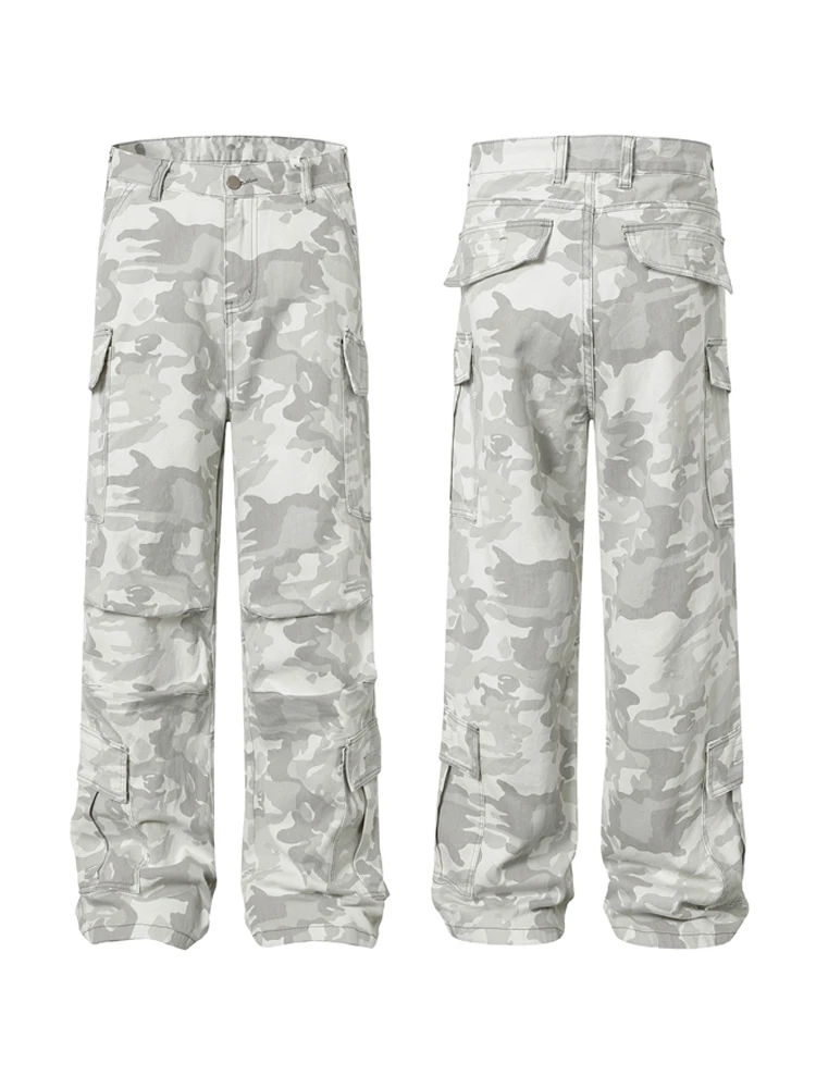 

Retro American Washed Snow Camouflage Straight Leg Work Pants Men Women Multi Pocket Flared Casual Jeans Denim mid Waist Zipper