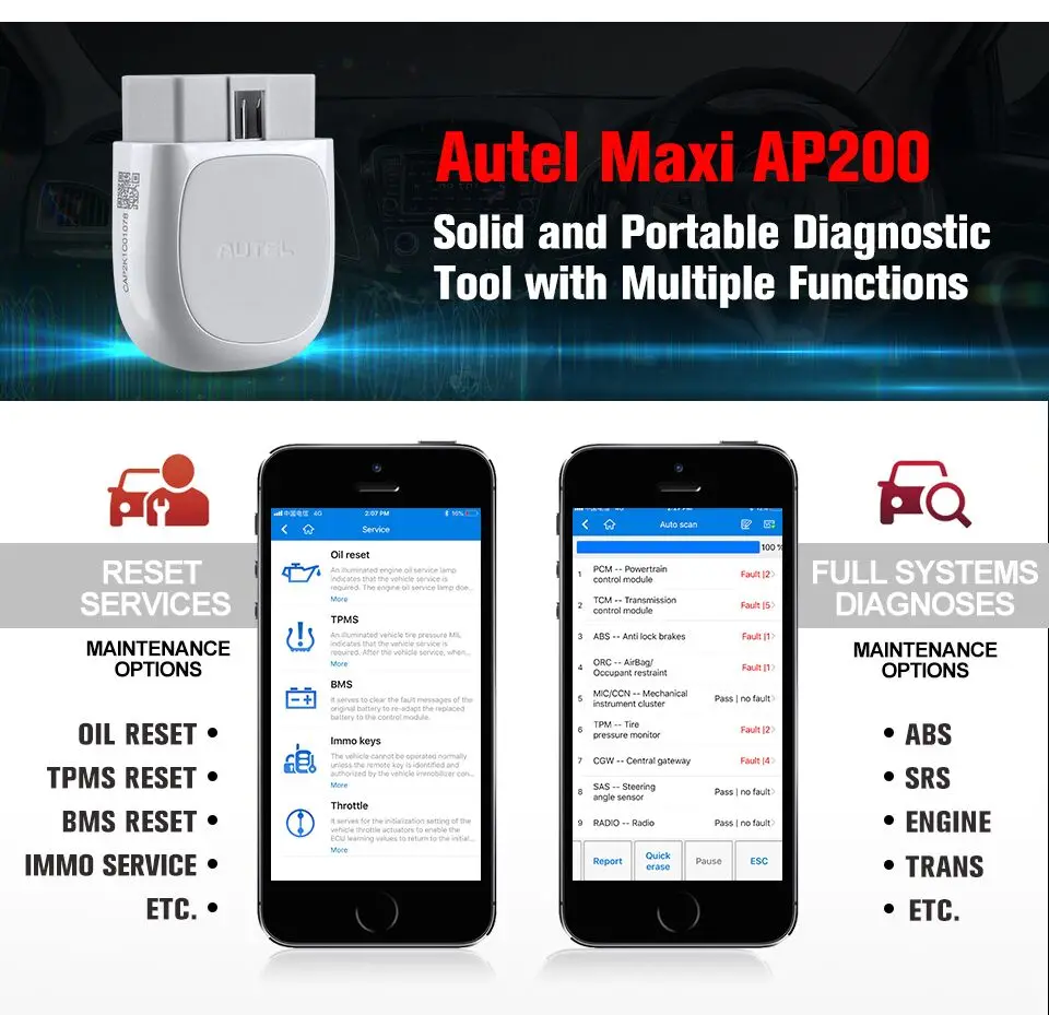 Autel AP200 MaxiAP AP200 Bluetooth OBD2 Scanner Code Reader Oil/EPB/BMS/TPMS/SAS with Full System Diagnosis Support iOS Android